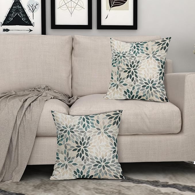 Kawani Teal Dahlia Throw Pillow Covers 24x24 Inch Turquoise Geometric Flower Decorative Square Pillow Cases Beige Tan Gray Floral Cushion Covers Farmhouse Home Decor for Sofa Couch Outdoor Set of 2