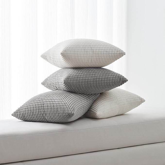 Topfinel Pack of 4 Decorative Throw Pillow Covers 24x24 Inch Soft Corduroy Boho Textured Striped Patchwork Pillow Covers Farmhouse Rustic Home Decor for Spring Sofa Living Room Couch Bed LightGrey