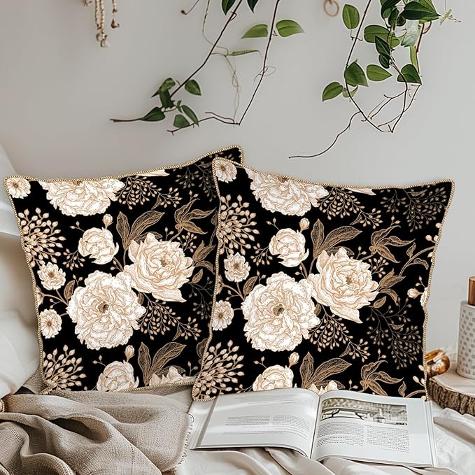 KSLIDS Vintage Peony Roses Floral Soft Velvet Throw Pillow Covers Set of 2 White Roses Flower Bloom Leaves Decorative Pillow Covers 18x18 Inch Black Gold Cream Pillow Case for Sofa Couch Home Decor