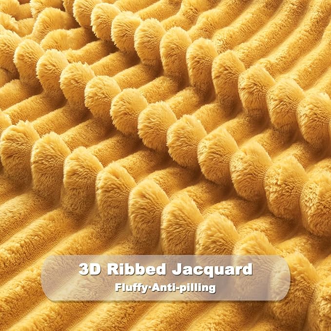NEWCOSPLAY Super Soft King Blanket Mustard Yellow Premium Silky Flannel Fleece 3D Ribbed Jacquard Lightweight Bed Blanket All Season Use (Mustard Yellow Ribbed, King(90"x110"))