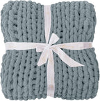 Bigacogo Chunky Knit Throw Blanket for Couch, 40x80 inches, 100% Hand Knitted with Thick Jumbo Chenille Yarn, Cozy Soft Large Rope Knot Cable Crochet Blankets for Sofa Bed Living Room, Dusty Blue