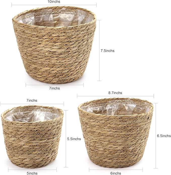 Athaliah Plant Basket Set of 3, Woven Plant Baskets Indoor with Plastic Liner, Water Hyacinth & Corn Husk Planter Baskets, Floor Plant Baskets for Pots, Rustic Farmhouse Home Decor