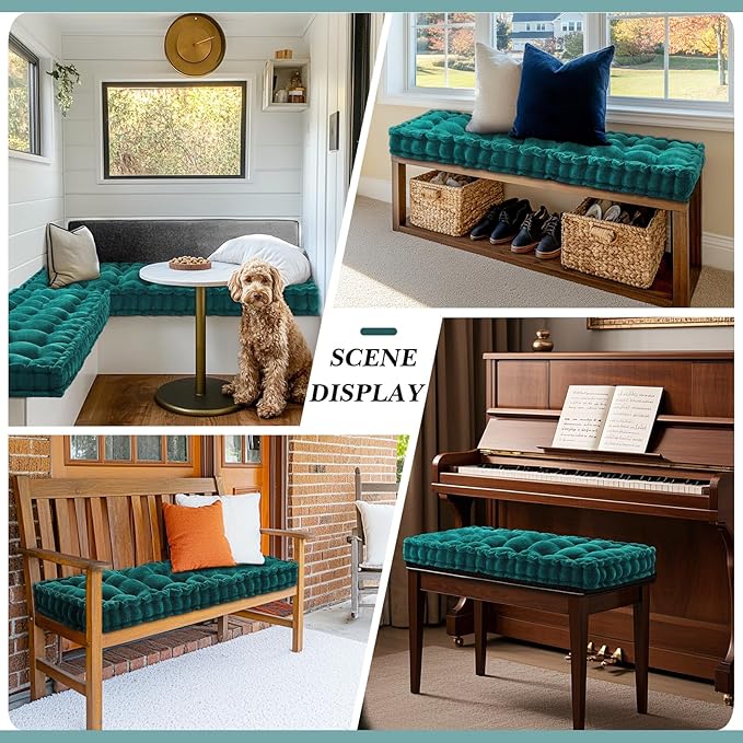 Geelin 48x18 Inch Bench Cushions for Indoor Furniture Chenille Dark Green Velvet Button Tufted Thicken Seat Pad Mat with Memory Foam, Window Floor Sofa Chair Cushion for Living Room Porch Swing