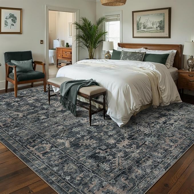 8x10 Area Rugs for Living Room Bedroom, Large Washable Rug, Blue Vintage Retro Boho Rug, Non Slip & Low Pile Faux Wool Thin Carpet for Indoor Dining Room and Kids Room(Blue 8x10ft)