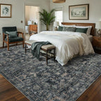 8x10 Area Rugs for Living Room Bedroom, Large Washable Rug, Blue Vintage Retro Boho Rug, Non Slip & Low Pile Faux Wool Thin Carpet for Indoor Dining Room and Kids Room(Blue 8x10ft)