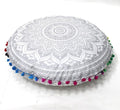 CRAFT KALA 32" Round Large Round Bohemian Floor Pillow Pouf Cover Mandala Meditation Room Pillow Cover for Adults Boho Seating Poufs Cushion Cover for Kids Playroom Silver Matellic Ombre