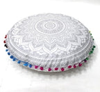 CRAFT KALA 32" Round Large Round Bohemian Floor Pillow Pouf Cover Mandala Meditation Room Pillow Cover for Adults Boho Seating Poufs Cushion Cover for Kids Playroom Silver Matellic Ombre