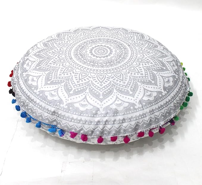 CRAFT KALA 32" Round Large Round Bohemian Floor Pillow Pouf Cover Mandala Meditation Room Pillow Cover for Adults Boho Seating Poufs Cushion Cover for Kids Playroom Silver Matellic Ombre