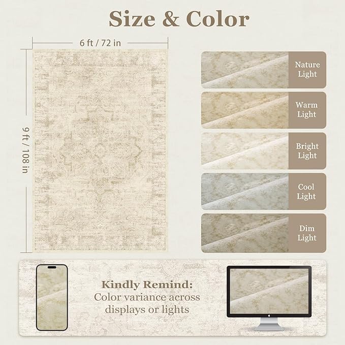 Distressed Beige Rugs for Living Room 6x9, Low Pile Thin Area Rugs for Bedroom Manchine Washable Non Slip, Natural Farmhouse Medallion Pinted Carpet for Dining Room Guest Room Home Office