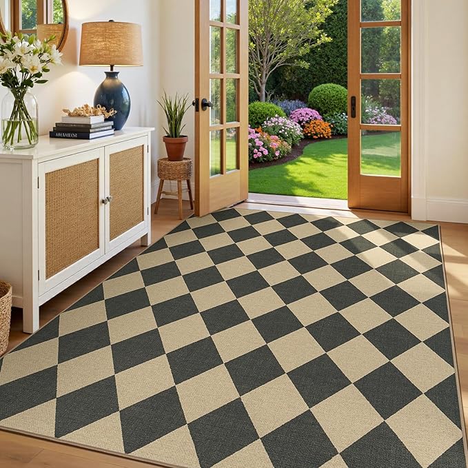 Lessymo Checkered Easy Jute 5x7 Area Rugs, Washable Patio Rug for Living Room Farmhouse Indoor Outdoor Carpet, Geometric Non Slip Black Carpet for Bedroom Backyard Dining Room, Diamond Black/Beige