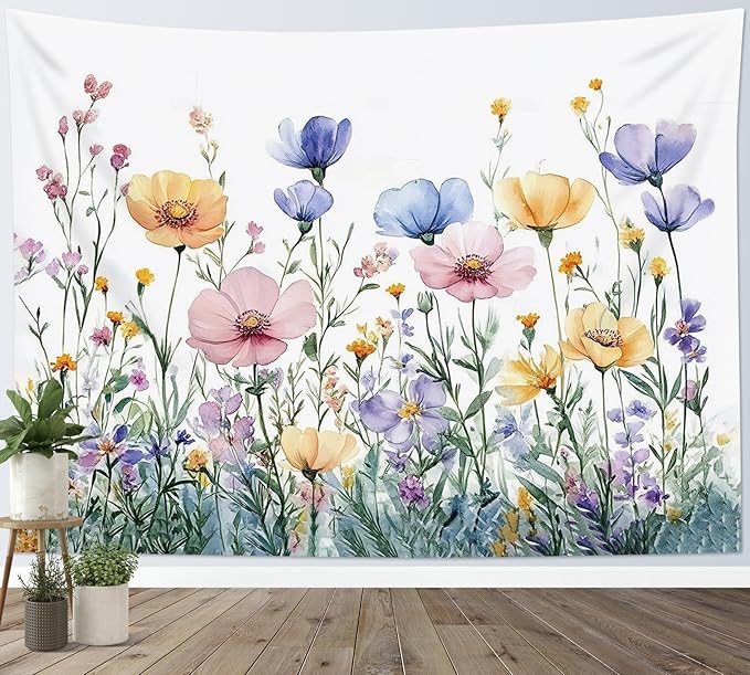 LB Rustic Floral Tapestry for Bedroom Pink Purple Floral Green Plant Tapestry Aesthetic Wildflower Botanical Wall Hanging Tapestries for Living Room College Dorm Wall Decor,92Wx70.5H inches