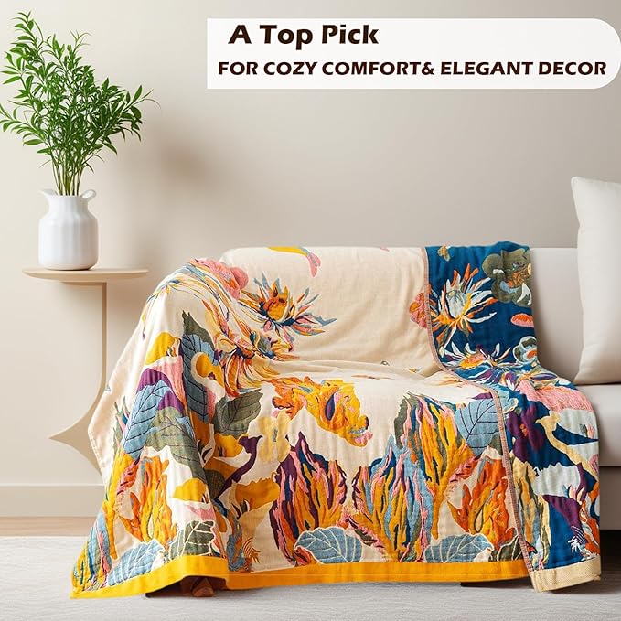 Boho Throw Blanket 60" x 80", 100% Organic Cotton Skin-Friendly Lightweight Ultra Soft Bed Quilt Throw - Spring Floral Butterfly Farmhouse Decor Blanket for Sofa Couch Chair and Gift.