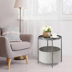 danpinera Round Side Table with Fabric Storage Basket, Metal Side Table Small Bedside Table Nightstand with Removable Tray Top for Living Room, Bedroom, Nursery, Laundry, Gray