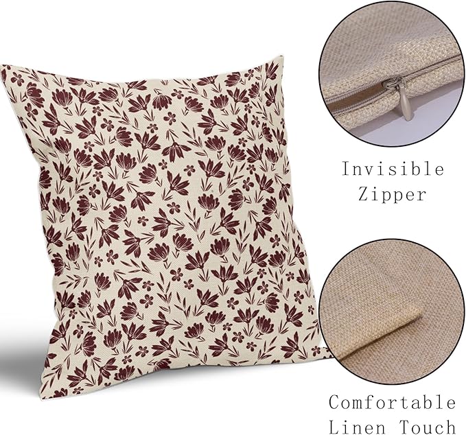 Burgundy Floral Pillow Covers 16x16 Set of 2 Vintage Rustic Old Style Cute Small Flower Burgundy Red Cream Print Decorative Outdoor Pillowcases Farmhouse Throw Cushion Case Decor for Couch Sofa Bed