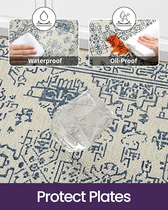 DEXI Kitchen Mats Cushioned Anti Fatigue, 23x86 Floor Padded Runner Rug Non Slip, Waterproof Standing Comfort Memory Foam for Front Sink Laundry, Blue White