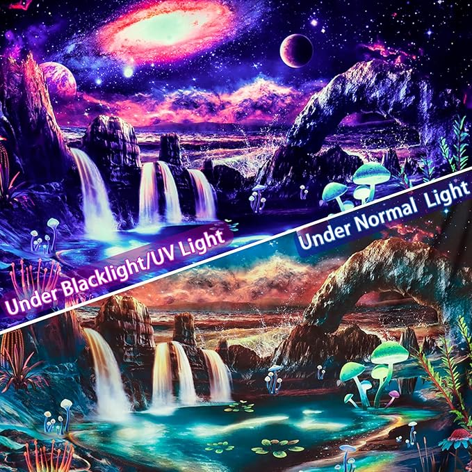 Lahasbja Galaxy Tapestry, Trippy Planet Wall Art, UV Reactive Waterfall Landscape, Mysterious Neon Plants, Polyester, for Bedroom, Living Room, Office