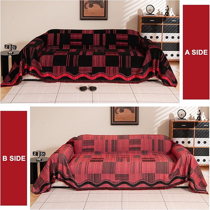 ROOMLIFE Black-Red Sofa Cover, Vintage Boho Couch Cover for 3 Cushion Sofa, Non Slip Chenille Sofa Slipcovers for Dog, Washable Furniture Sofa Protector Cover with Tassel for Living Room, 71''X118”