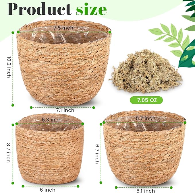 3 Pack Seagrass Plant Basket Indoor with Artificial Moss 3 Sizes Woven Baskets Flower Pots Planters for Home Decor