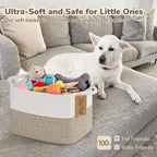 Goodpick Woven Storage Basket, Cotton Rope Basket for Dog Toys, Books, Stylish Gift Basket with Handles, 13 x 10 x 9 Inches Square Baskets for Organizing, Brown and White