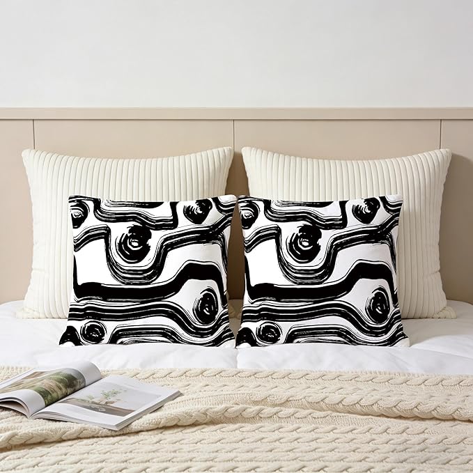 Abstract Black and White Brush Stroke Throw Pillow Covers 18x18 Set of 2, Modern Geometric Art Cushion Cases, Minimalist Boho Decorative Pillowcases for Farmhouse Sofa Couch Living Room Bedroom Decor
