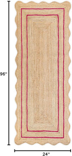 Wave Scalloped Natural Jute Rug Boho Jute Rug Entryway Runner Rug Farmhouse Scallop Rug, Dark Pink (2'x8')