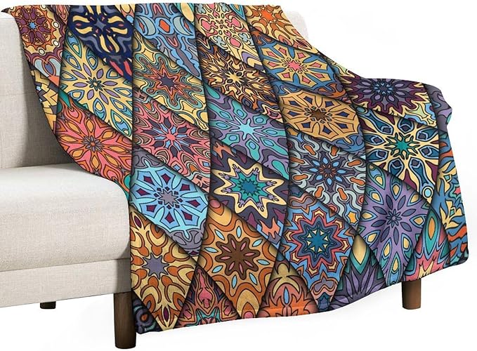 Vintage Bohemian Throw Blanket Colorful Mandala Indian Pattern Blanket for Sofa Bed Couch Chair Or Dorm 50"x60"