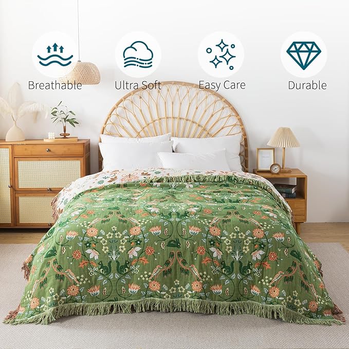 Boho Throw Blanket for Bed-100% Cotton Soft Breathable Farmhouse Decor Boho Quilt for Sofa (Bright Green, 60"x80")