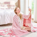 Checkered Throw Blanket, Dusty Pink Flower Blanket for Couch, 50"x60" Soft Plaid Knit Blanket for Home Decor, Reversible Checkerered Blankets for Sofa, Chair, Bed