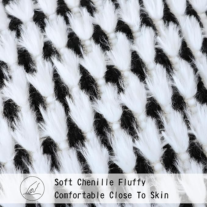 Boho Chenille Tufted Pillow Cover 24x24 Inch Set of 1, Farmhouse Striped Decorative Pillow Covers Accent Fluffy Neutral Square Pillowcases for Couch Sofa Bedroom Living Room, Black White