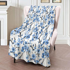 Blue Plum Blossom Blanket 40×50 Inch,Asian Ink Painting Style Lightweight Flannel Throw with Japanese Botanical Flower on White,Oriental Zen Minimalist Art Home Decor,Gifts for Girls,Women