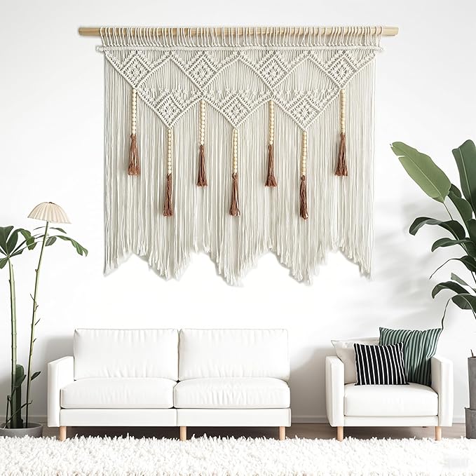 Youngeast Large Macrame Wall Hanging Boho Woven Tapestry Bohemian Macrame Wall Decor Handmade Tassel Tapestry Home Decoration for Bedroom Living Room 39"X31" (Wood Dowels Not Included) (Beige)