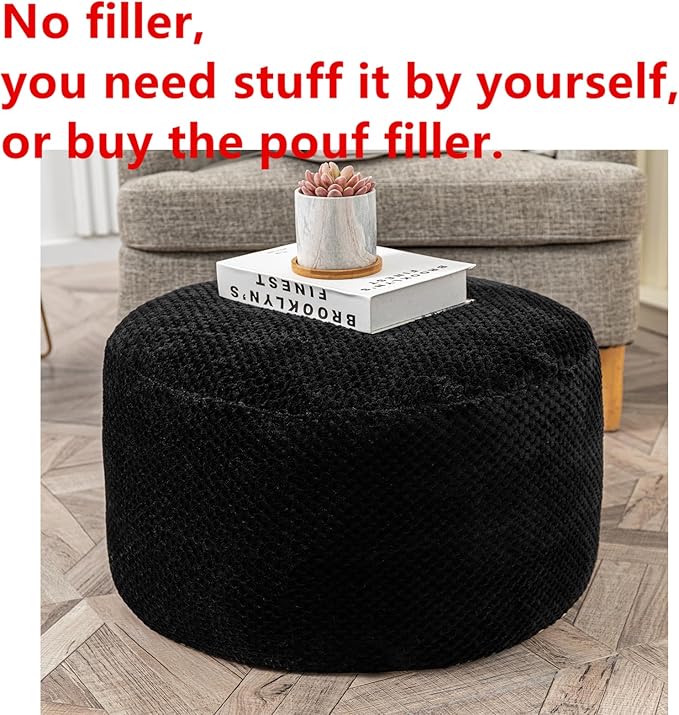 Asuprui Unstuffed Pouf Ottoman Round Poof Ottoman No Filler Soft Faux Fur Foot Stool 20x20x12 Inches Fuzzy Chair Floor Pouf Foot Rest with Storage for Living Room Bedroom Black