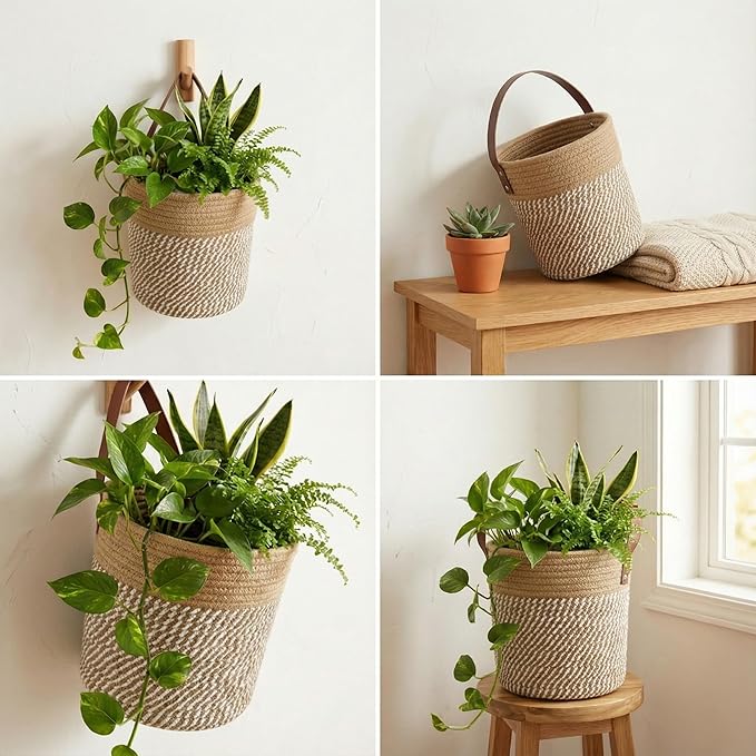 2Pack Natural Jute Hanging Baskets 7 * 8 in, Round Woven Wall Decor & Storage Planter for Plant Decor and Home Organization,Walls Basket for Bedroom, Living Room, Bathroom,Boho Decor (Brown)
