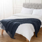 BATTILO HOME Navy Blue Throw Blanket with Fringe, Geometric Bed Blue Throws, Spring Decorative Large Throw for Couch Sofa Indoor Outdoor, 52"x80"