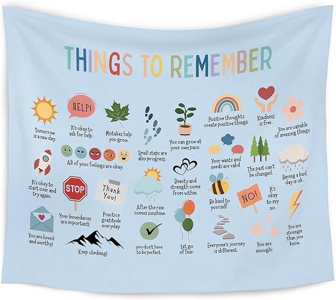 WARDOS Mental Health Blue Tapestry, Things to Remember Inspirational Tapestry Wall Hanging, Positive Affirmation Psychology Wall Blanket Decor for Therapy Calming Office Classroom, 50x60 Inch