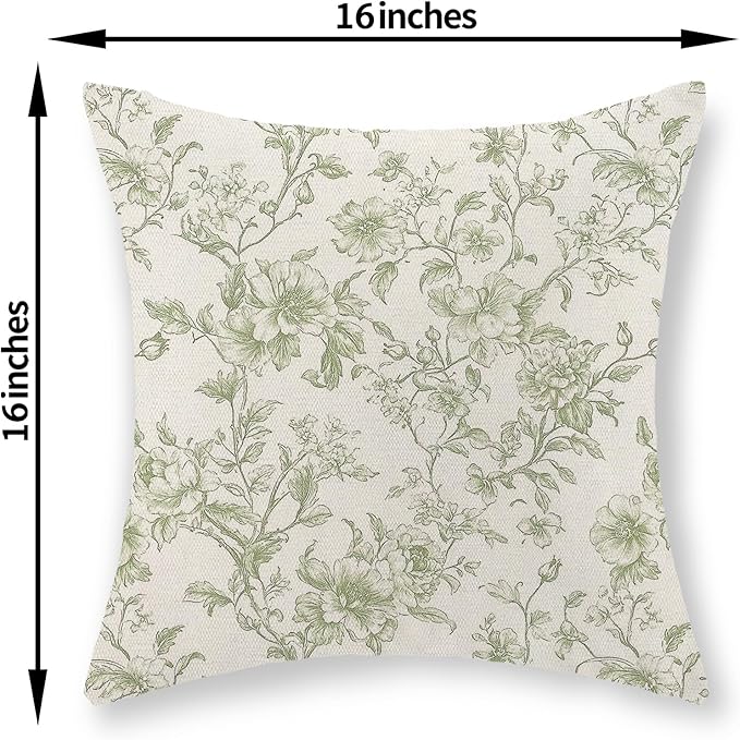 Sage Green Pillow Covers 16x16 Set of 2 Light Green Floral Chinoiserie Throw Pillows Vintage Rustic Toile Flower Decorative Pillow Cases Outdoor Chinoiserie Decor Cushion Case for Couch Sofa