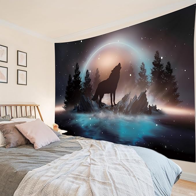LB Black Wolf Tapestry Forest Mountain and Blue Ocean Wall Tapestry Moon in Starry Sky Tapestries for Bedroom Living Room College Dorm Wall Decor,92Wx70.5H inches