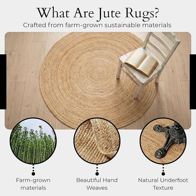 Jute Area Rug 5' Round Natural Jute Rug with Non-Slip Backing, Low-Profile Farmhouse Rug for Living Room, Bedroom or Entry, Eco-Friendly Boho Decor, Non-Shed for High-Traffic Door Mat