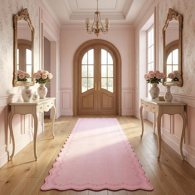 GarveeHome 2.6x10 Scalloped Valentines Washable Runner Rug for Kitchen, Soft Pink Long Hallway Runner Non Slip Entryway Rug Farmhouse Thin Laundry Mat Stain Resistant Carpet for Bathroom Beside Rug