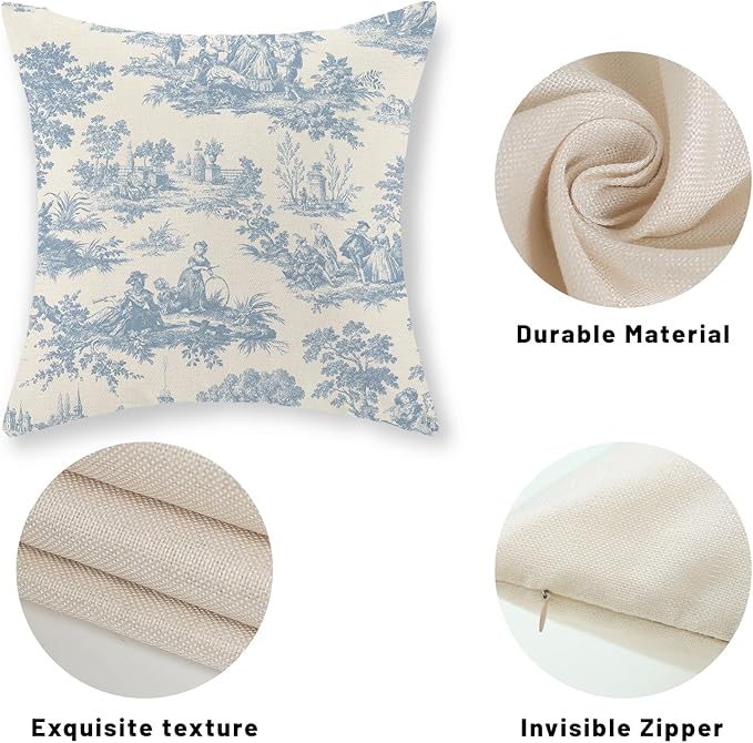 French Country Pillow Covers 18x18 Set of 2 Vintage Baby Blue Toile Throw Pillows Outdoor French Country Decorative Pillowcase Rustic Cottage Farmhouse Cushion Case for Couch Living Room Decor