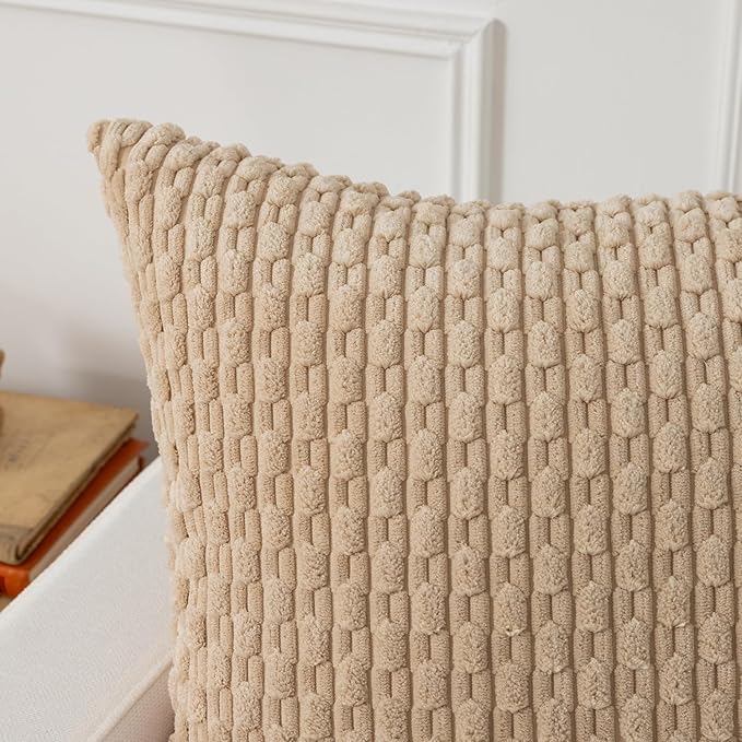 Kevin Textile 12x24 Inch Pillow Cover 1 Pack Boho Decorative Soft Striped Corduroy Lumbar Farmhouse Solid Color Accent Rectangle Cushion Case for Living Room Couch Sofa Bed, Beige