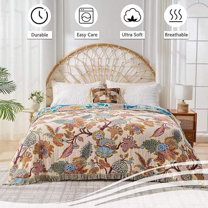 Boho Throw Blanket Farmhouse Decor Throw Blanket Bohemian Blanket for Bed 100% Cotton Muslin Woven Couch Blanket All Seasons Quilt Bedroom (Beige, 90"x98")