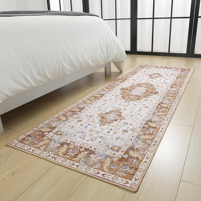 Amearea Vintage Design Runner Rugs for Living Room, 2x6 Machine Washable Floral Collection Traditional Bedroom Rug, Low Pile Cute Kids Room Print Carpet, No Slip Office Kitchen Home Decor, Gold Yellow