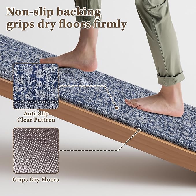 Arttown Kitchen Mats for Floor 2Pcs-Anti Fatigue Non Slip Mats for Kitchen Floor, Cushioned Waterproof & Stain-Resistant Boho Stripe Floral Mat Set, Laundry Room, Office, Sink, Desk (Blue)
