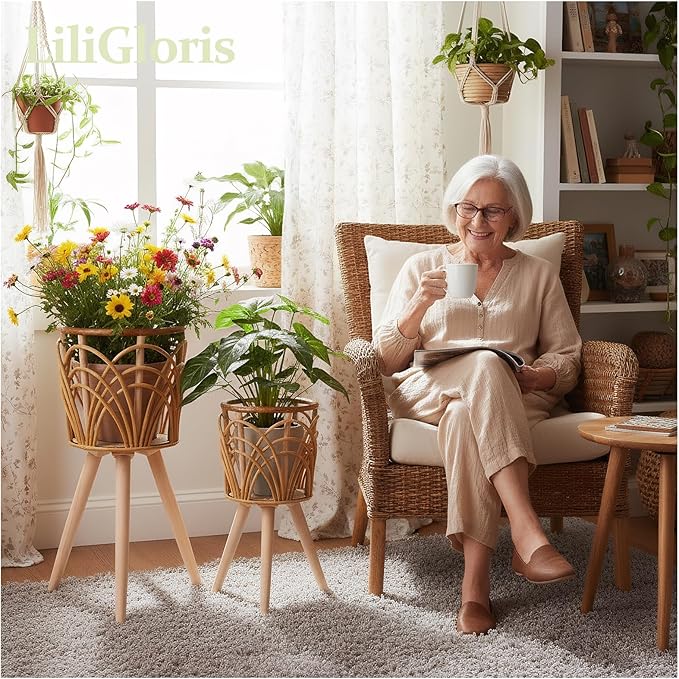 Boho Rattan Plant Stand Indoor Outdoor - Set of 2 (Small & Medium) Wicker Planter Shelf for Multiple Plants, Mid-Century Modern Wooden Flower Pot Holder with Stand, Farmhouse Home Decor for Living Room, Balcony, Patio