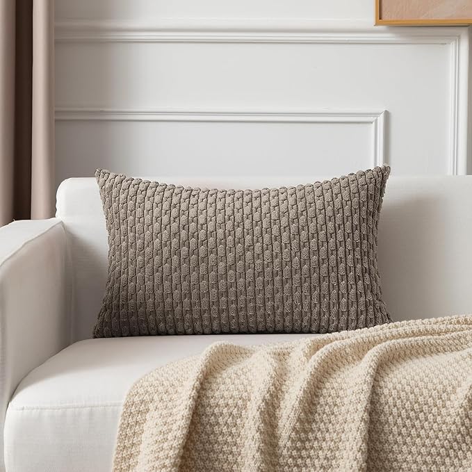 Kevin Textile 14x22 Inch Pillow Cover 1 Pack Boho Decorative Soft Striped Corduroy Lumbar Farmhouse Color Accent Rectangle Cushion Case for Living Room Couch Sofa Bed, Light Brown