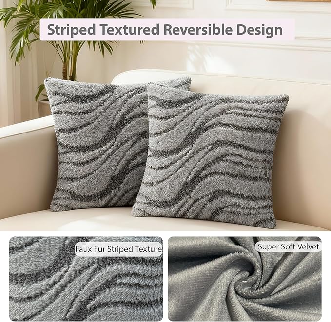 Grey Pillow Covers 20x20 Inches Set of 2,Soft Faux Fur Textured Throw Pillow Covers Boho Geometric Reversible Decorative Pillow Covers Home Decor for Couch Bed Livingroom