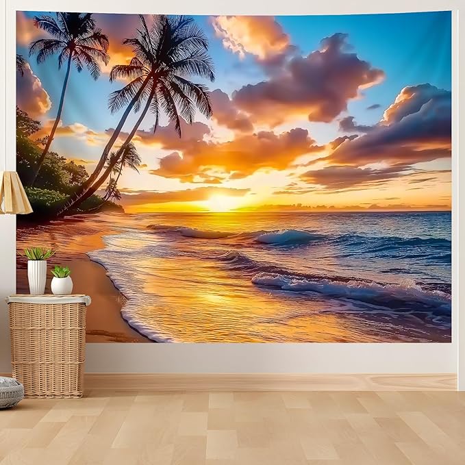 AOHMPT Ocean Sunset Tapestry, Beach Evening Sunset Tapestry, Natural Beach Palm Tree Landscape Poster, Seaside Landscape Wall Hanging for Bedroom, Dorm Room and Living Room Wall Decor 79" L x 59" W