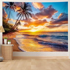 AOHMPT Ocean Sunset Tapestry, Beach Evening Sunset Tapestry, Natural Beach Palm Tree Landscape Poster, Seaside Landscape Wall Hanging for Bedroom, Dorm Room and Living Room Wall Decor 79" L x 59" W