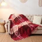 Bohemian Chenille Jacquard Tassel Throws - Reversible Red&Pink Maple Leaf Design for Boho Hippie Vibes - Oversized Blankets for Large Couch, Furniture, Sofa, Chair…